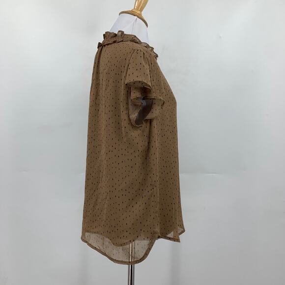 Pleione Blouse Womens XS Extra Small Brown Polka Dot Ruffle Collar Keyhole Lined - Picture 3 of 11